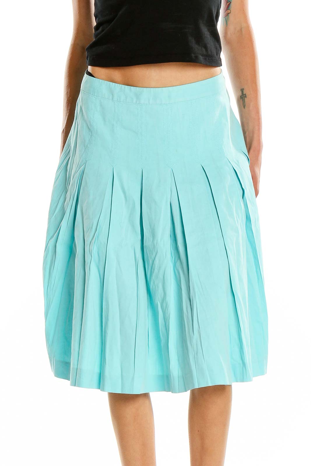 Front view of mint Theory pleated A-line midi skirt