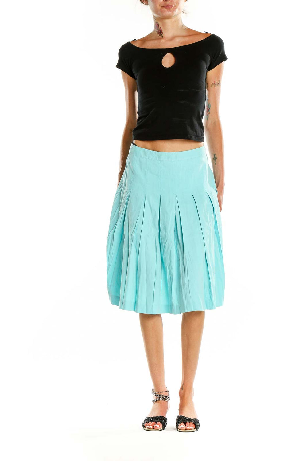 Front view of mint Theory pleated A-line midi skirt