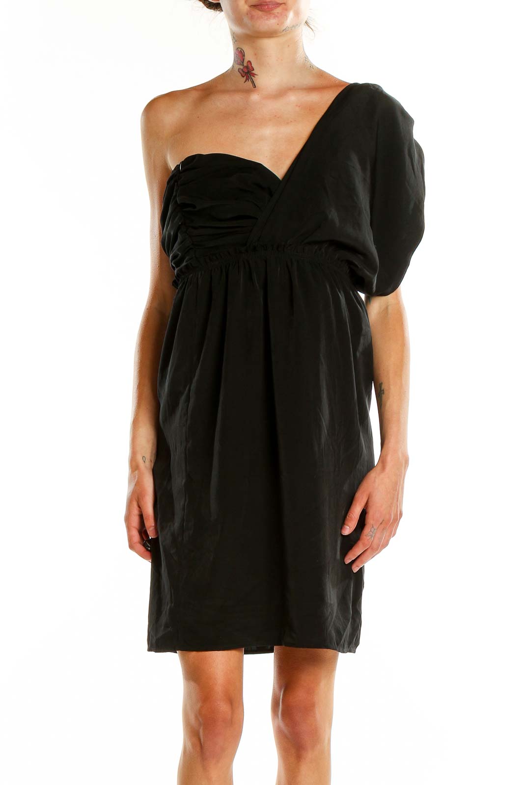 Front view of black one-shoulder cocktail dress with puff sleeve