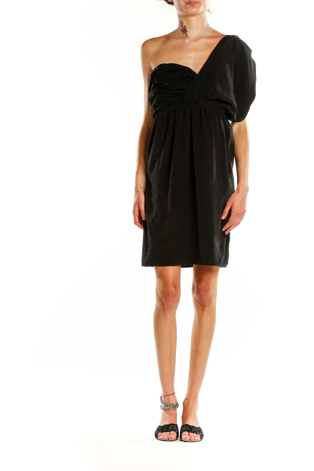 Front view of black one-shoulder cocktail dress with puff sleeve