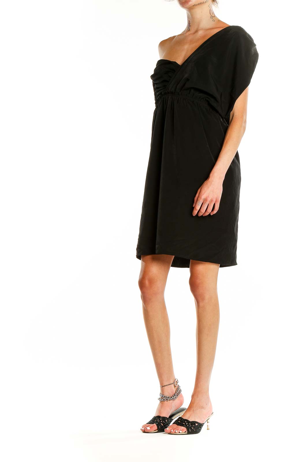 Front view of black one-shoulder cocktail dress with puff sleeve