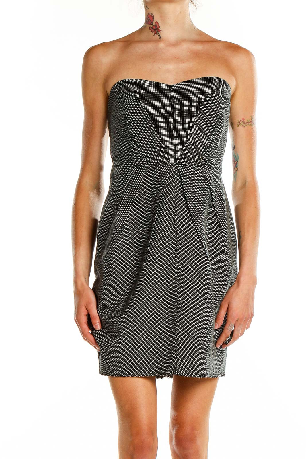 Front view of gray strapless mini dress by Silence + Noise