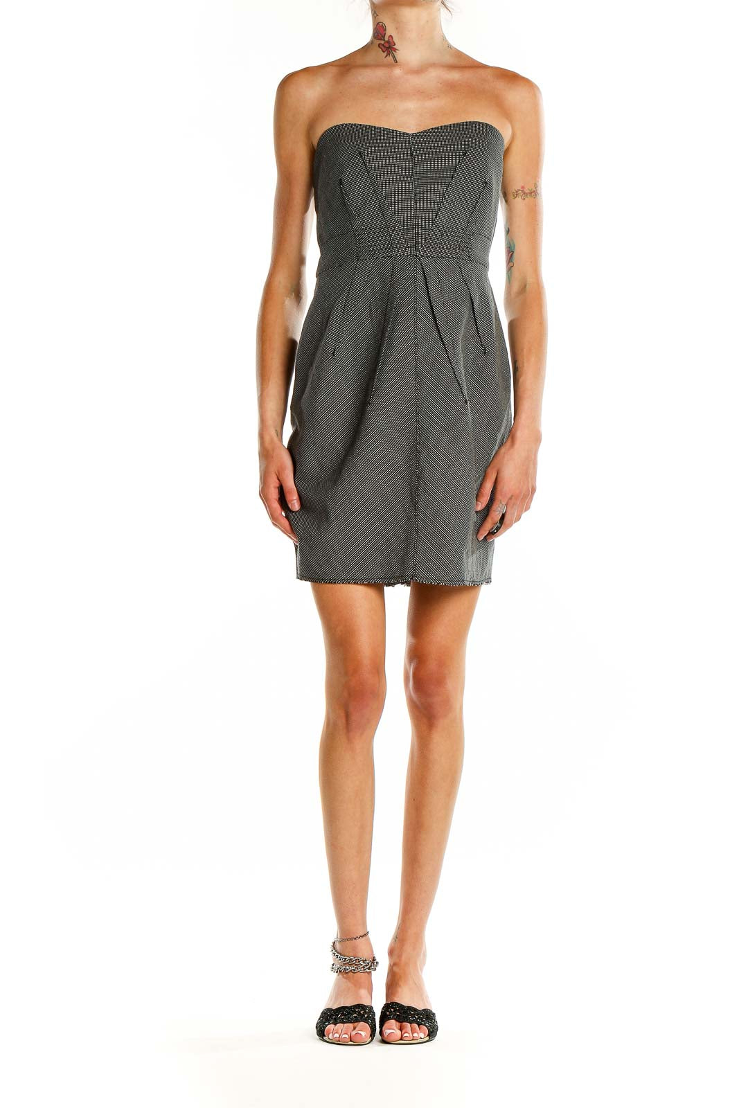 Front view of gray strapless mini dress by Silence + Noise