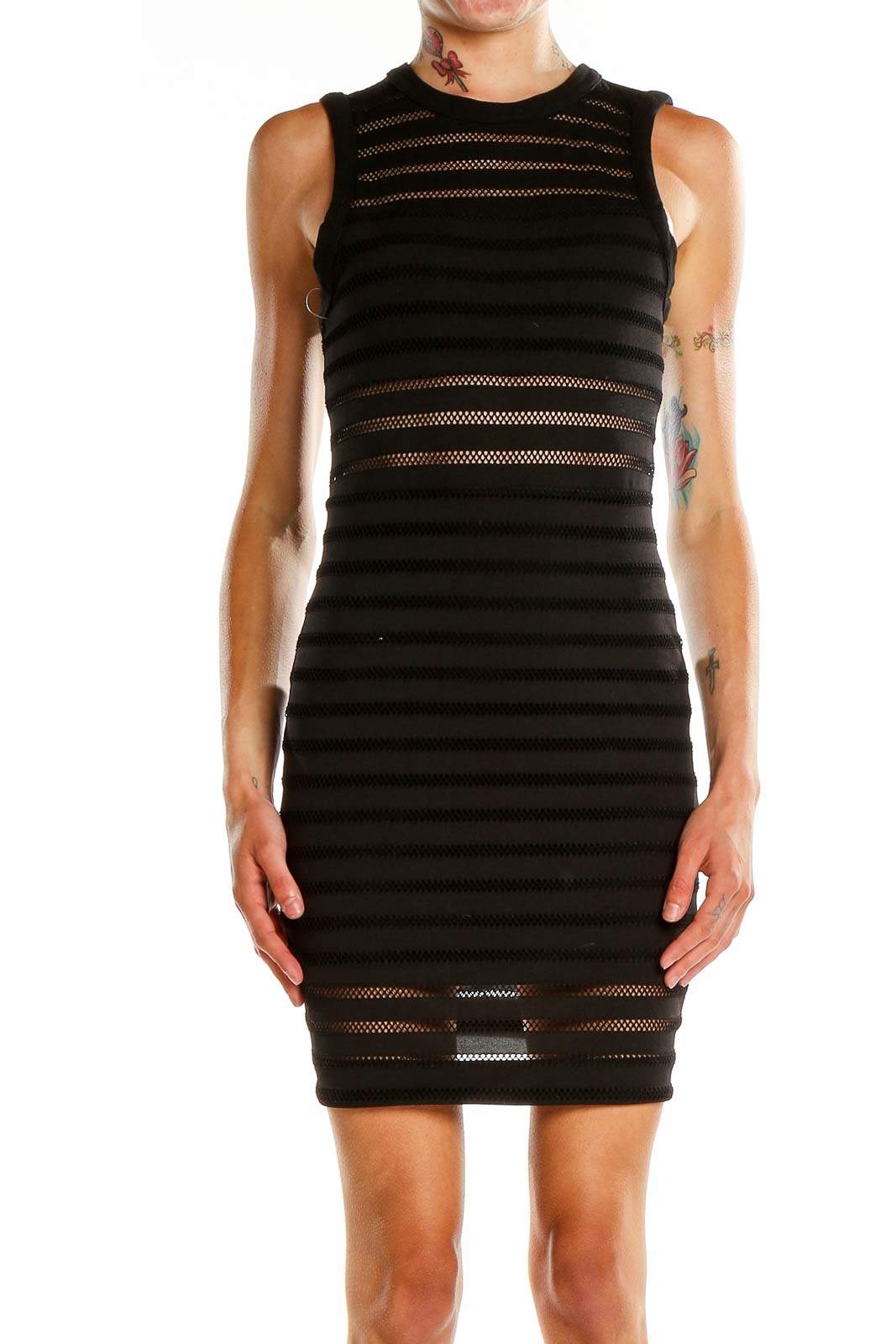 Front view of Black Striped Mesh Bodycon Dress by Silence + Noise