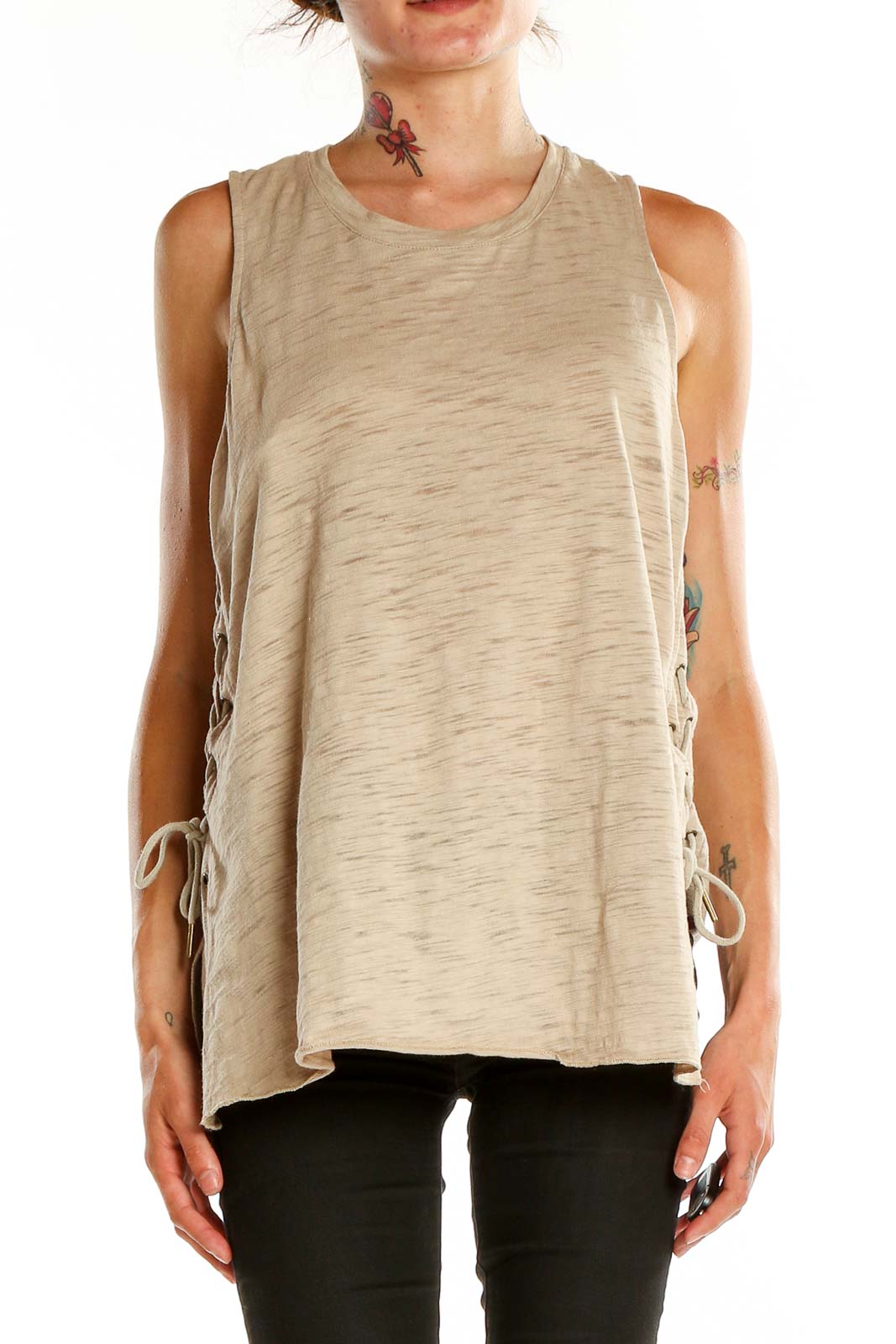 Front view of Umgee beige sleeveless tank top with lace-up sides