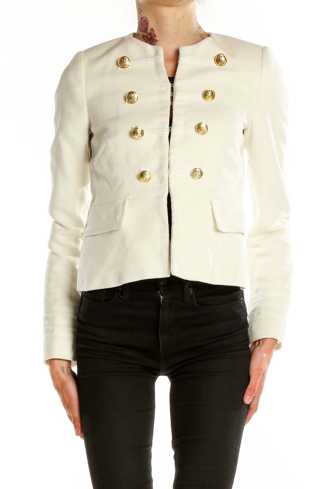 Front view of Zara Basic Ivory Double-Breasted Military Jacket with gold buttons