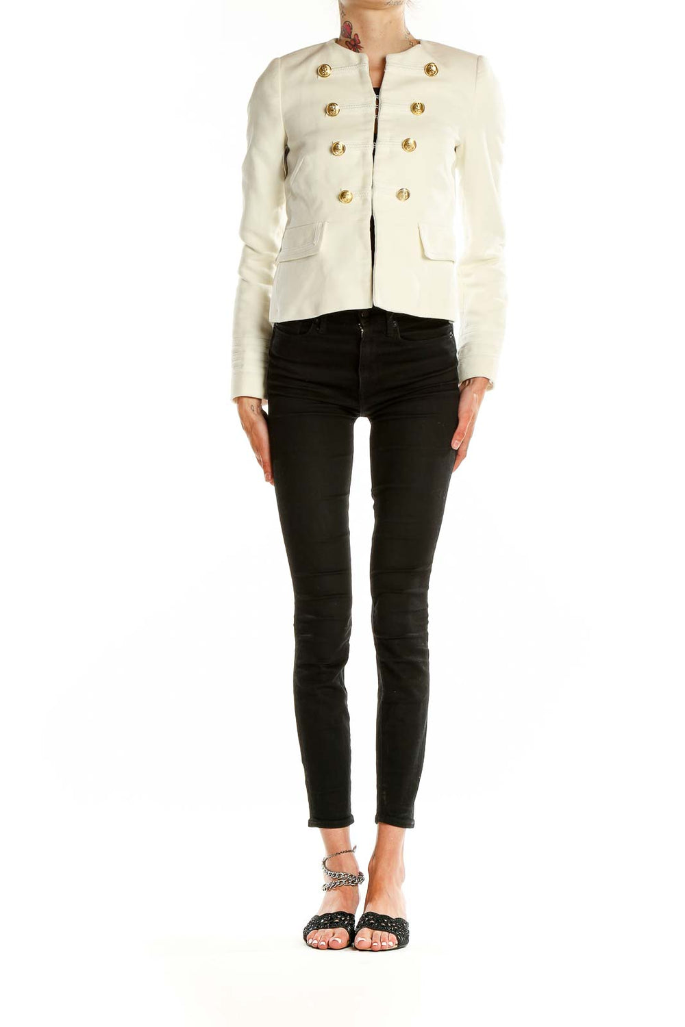 Front view of Zara Basic Ivory Double-Breasted Military Jacket with gold buttons