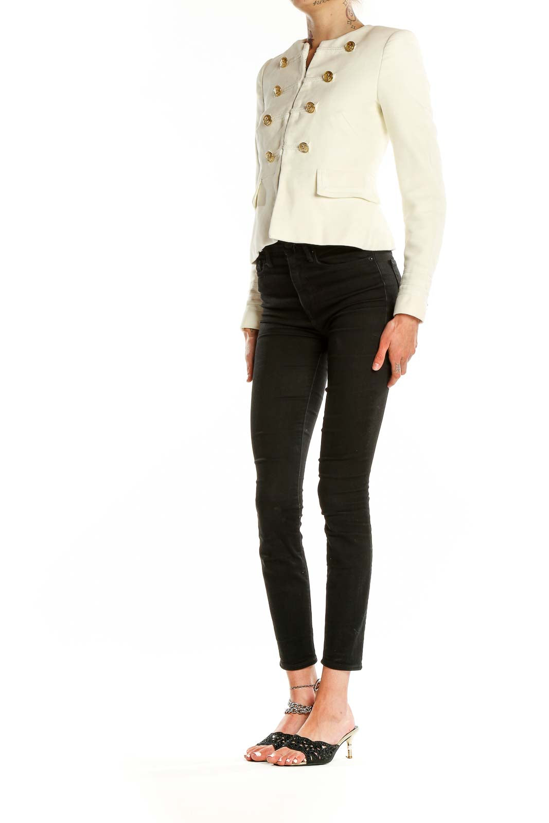 Front view of Zara Basic Ivory Double-Breasted Military Jacket with gold buttons