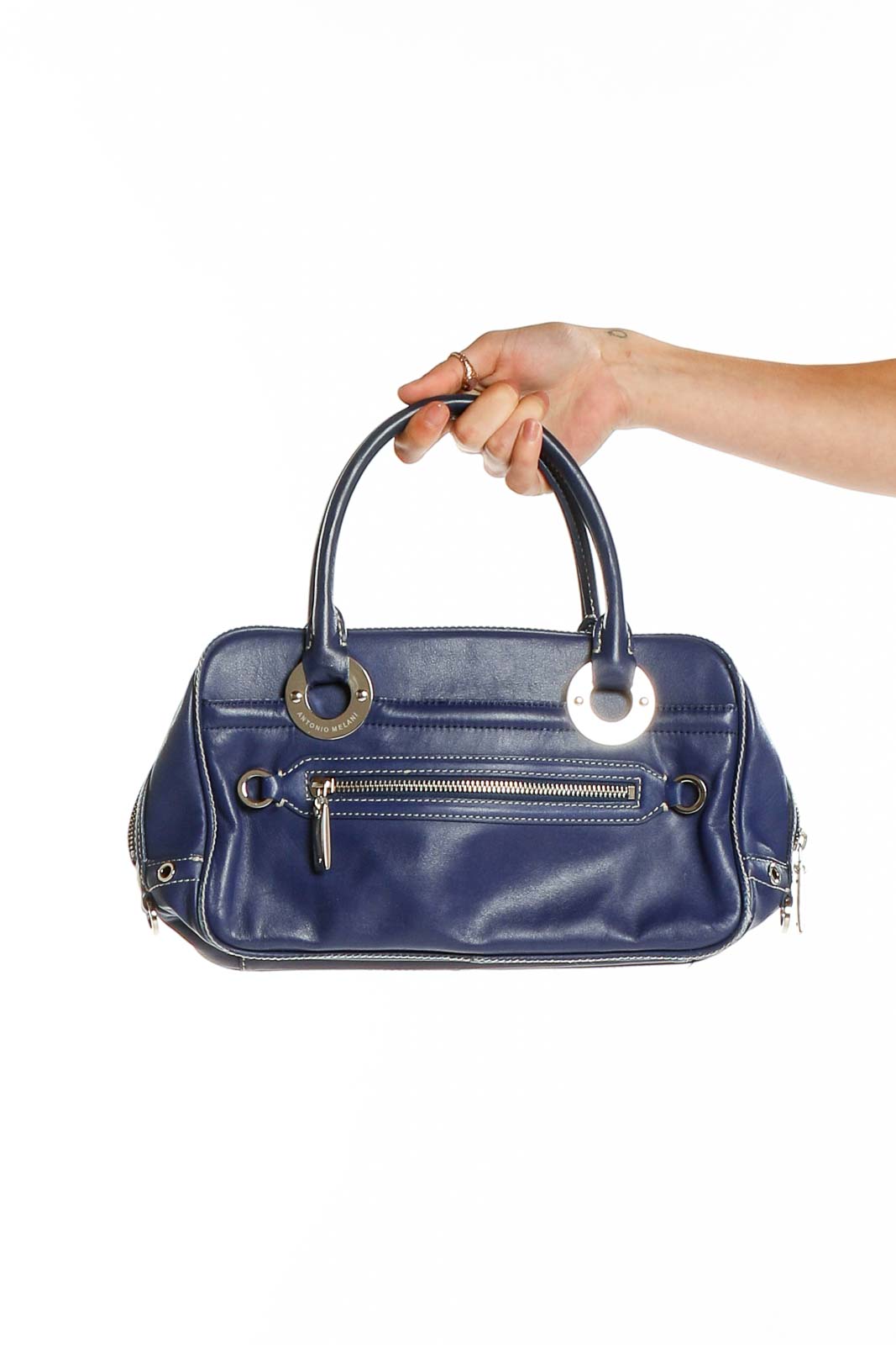 Front view of Antonio Melani navy leather satchel handbag with silver hardware