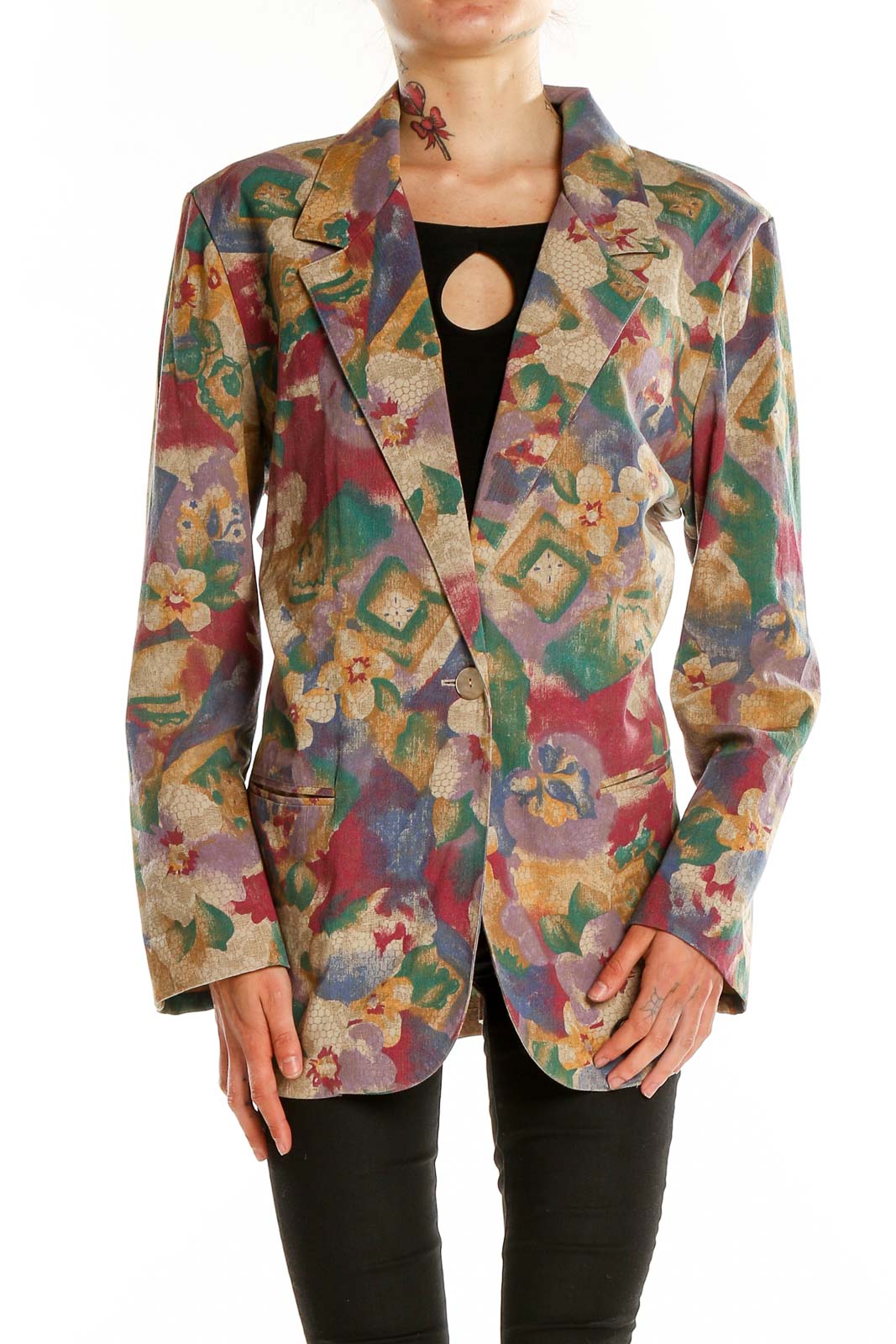 Front view of multicolor floral abstract blazer by Toni Garment for CC Magic