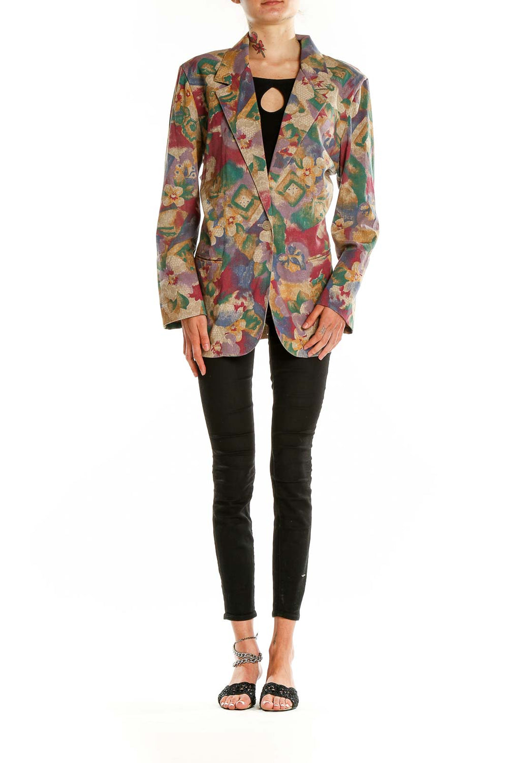 Front view of multicolor floral abstract blazer by Toni Garment for CC Magic