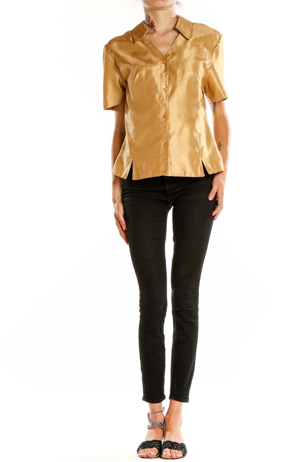 Front view of SAG HARBOR gold shimmering short-sleeve button-up blouse