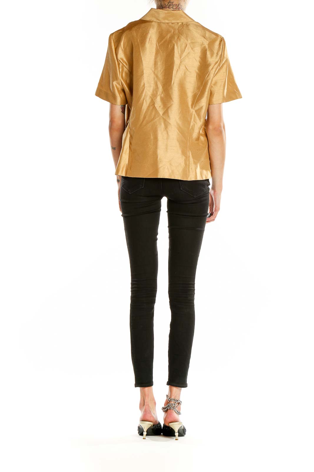 Back view of SAG HARBOR gold shimmering short-sleeve button-up blouse