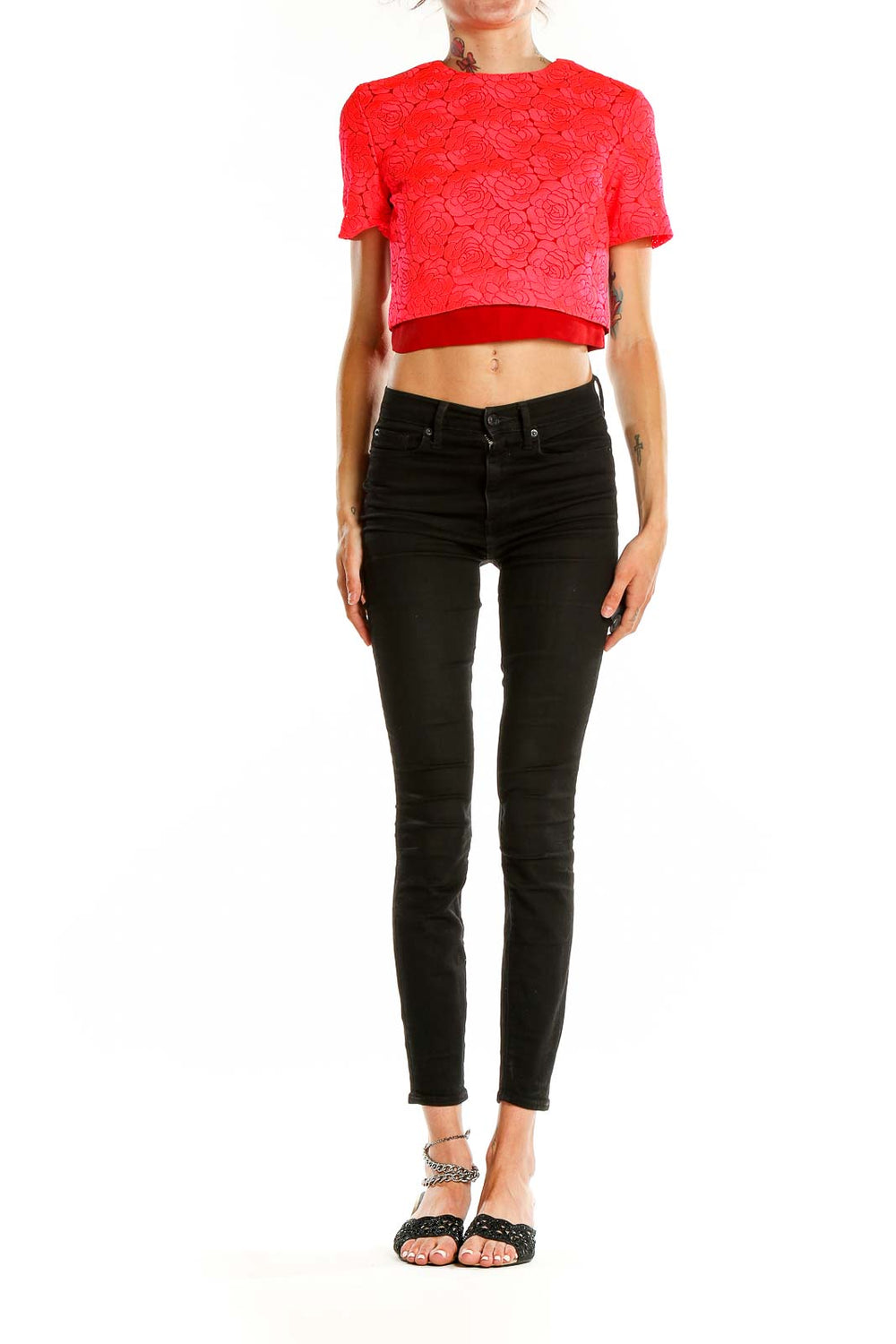 Front view of A.L.C. red floral lace crop top with rose pattern