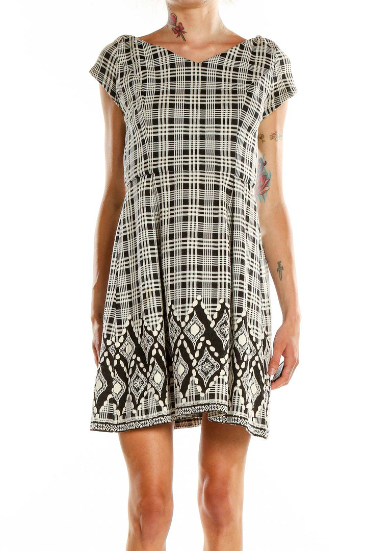 Black White Checkered Mixed Media Fit & Flare Dress