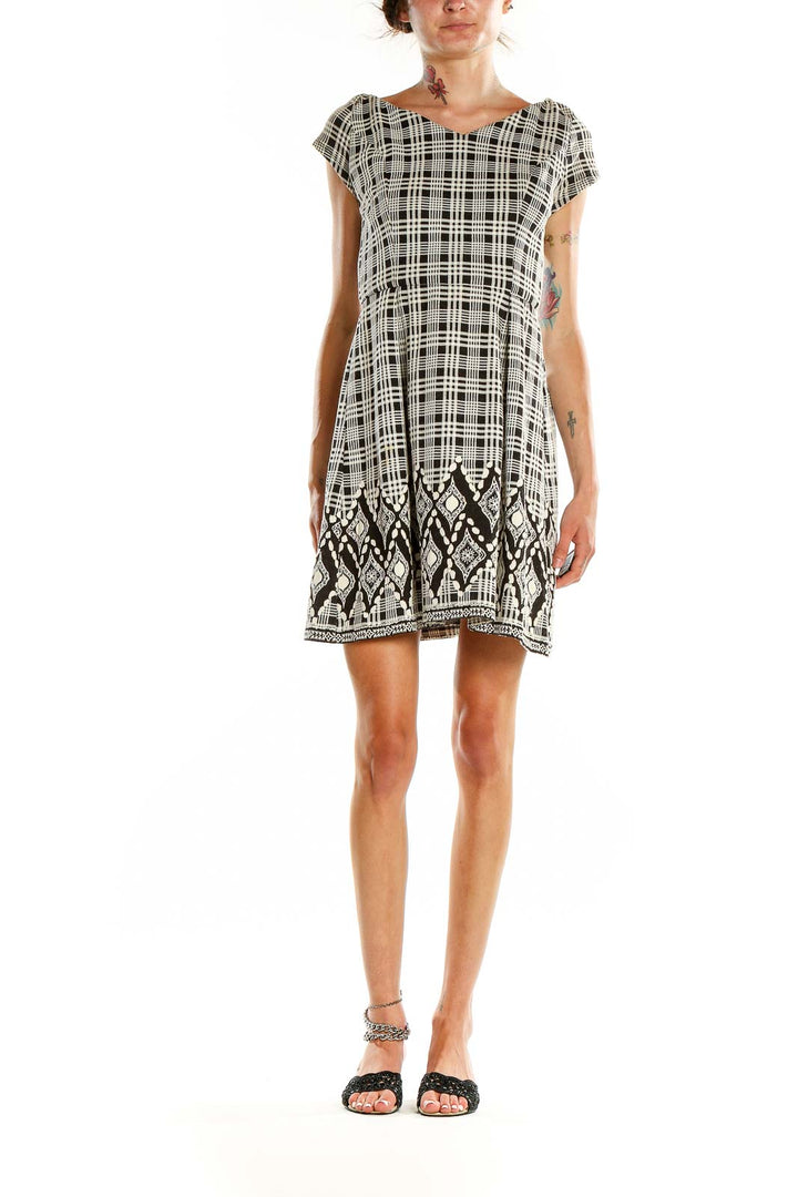 Black White Checkered Mixed Media Fit & Flare Dress