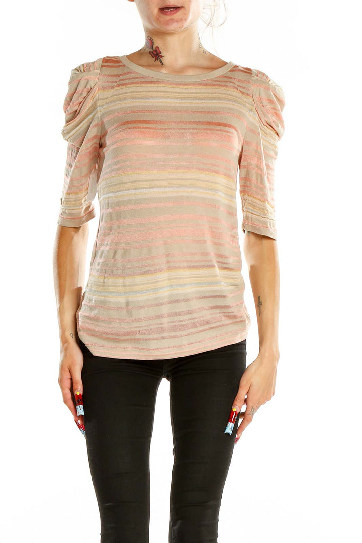 Front view of Deletta peach striped puff sleeve top on model