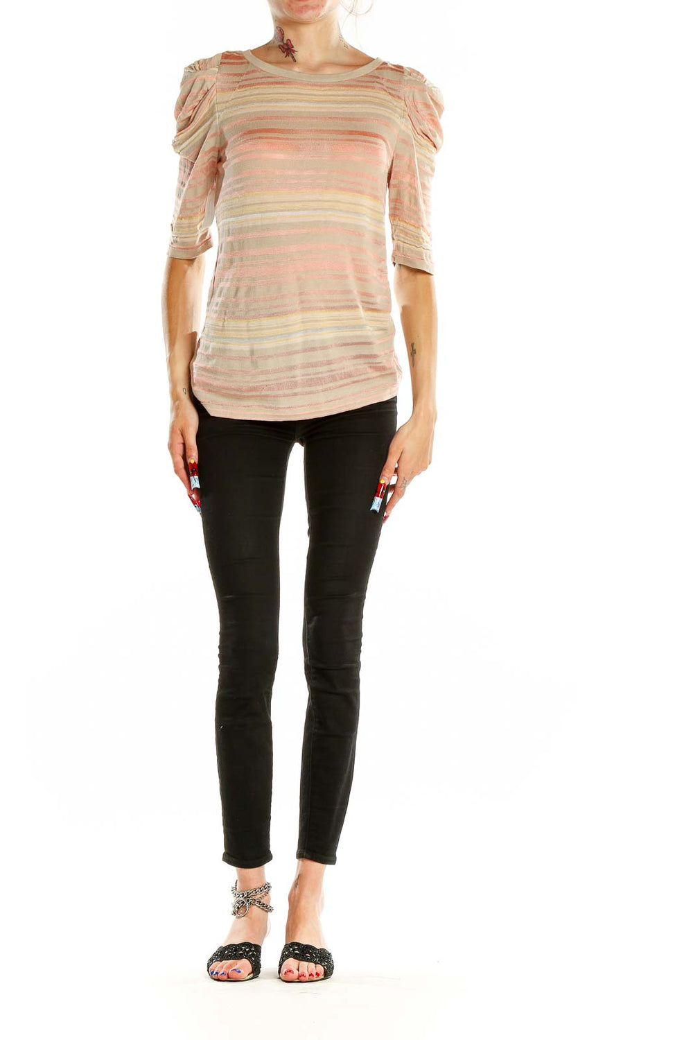 Front view of Deletta peach striped puff sleeve top on model