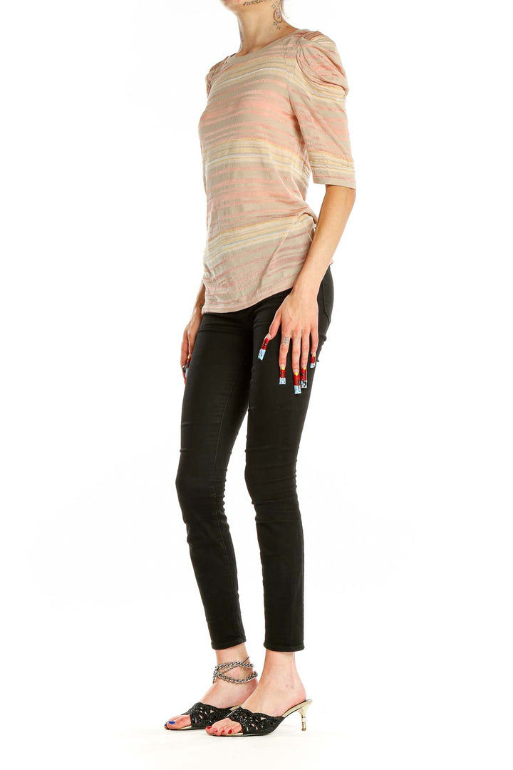 Front view of Deletta peach striped puff sleeve top on model