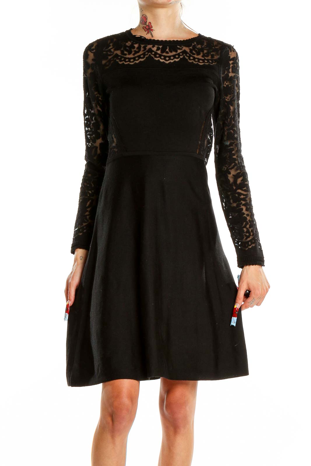 Front view of Vince Camuto black lace-sleeve fit-and-flare dress