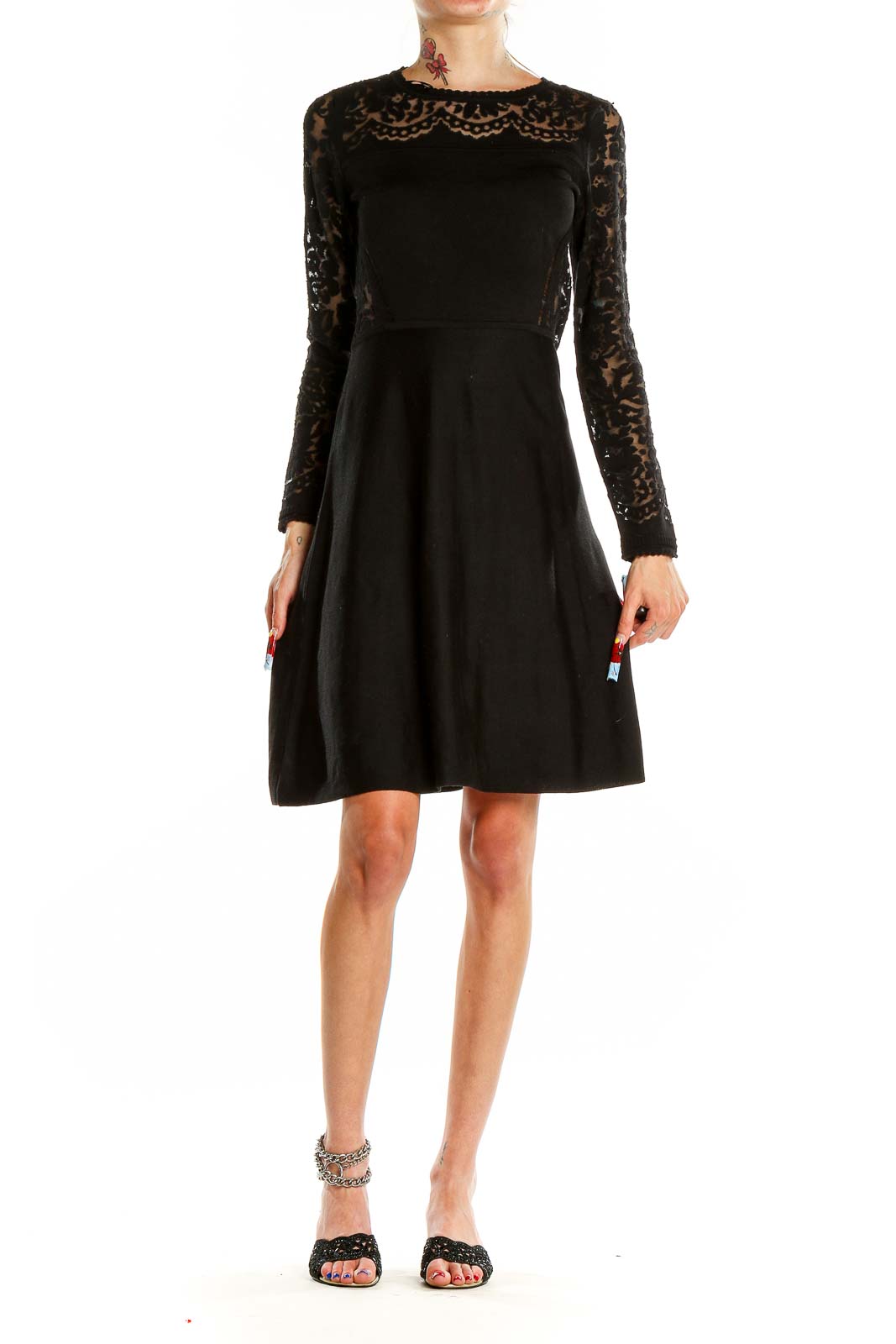 Front view of Vince Camuto black lace-sleeve fit-and-flare dress