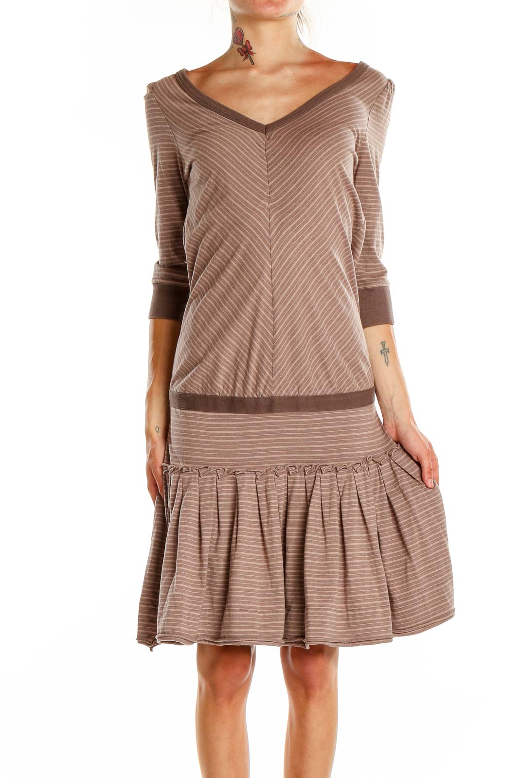 Front view of MARC JACOBS brown striped V-neck dress with chevron bodice