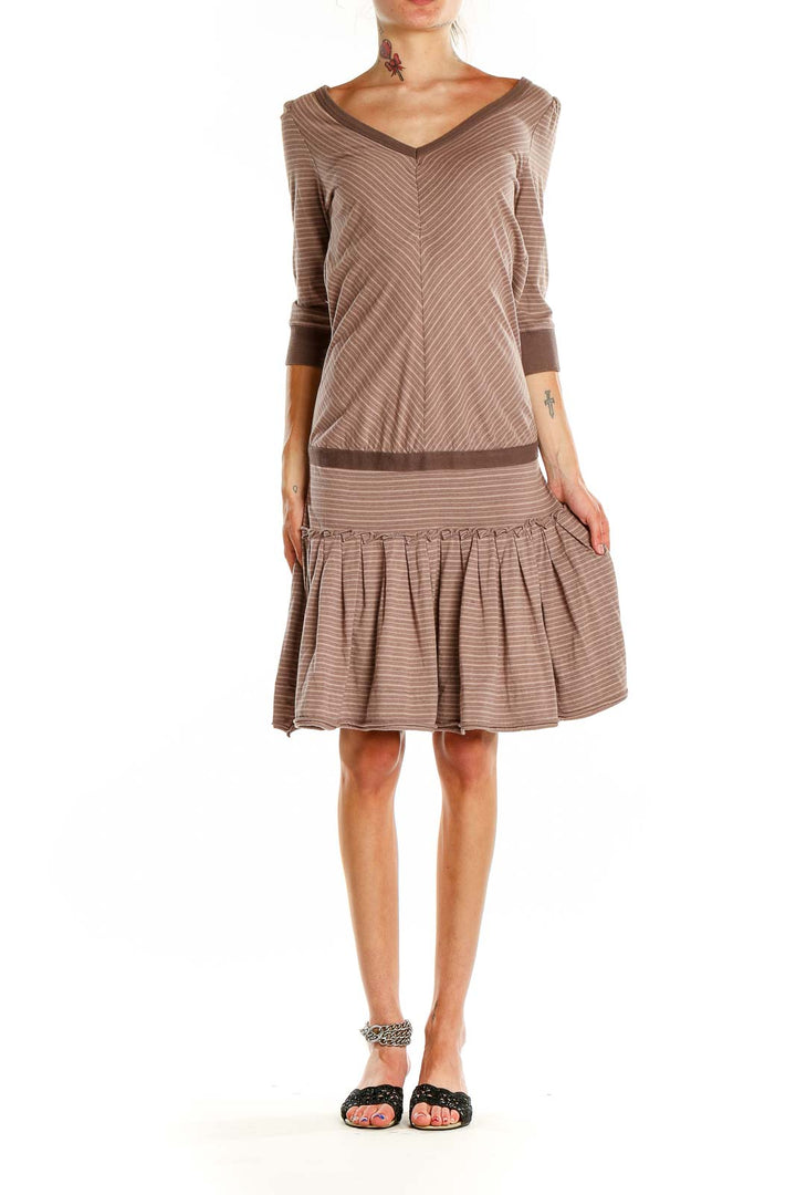 Front view of MARC JACOBS brown striped V-neck dress with chevron bodice