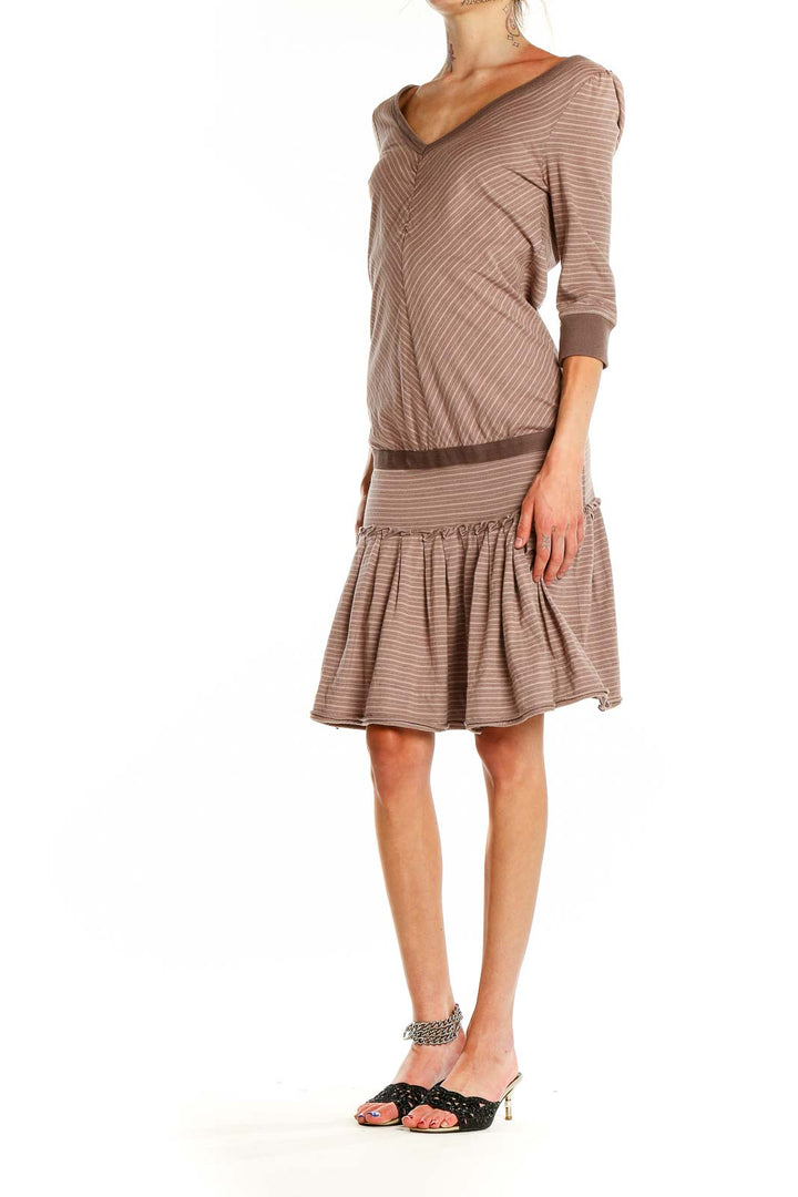 Front view of MARC JACOBS brown striped V-neck dress with chevron bodice