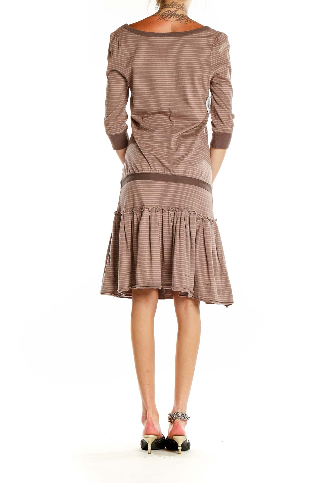 Back view of MARC JACOBS brown striped dress showing gathered skirt