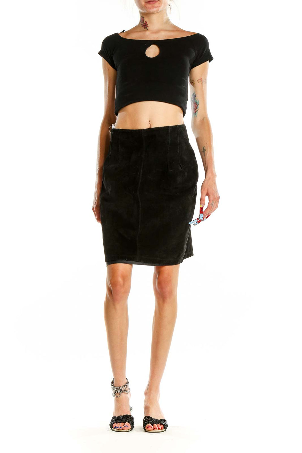 Front view of The Limited black suede pencil skirt