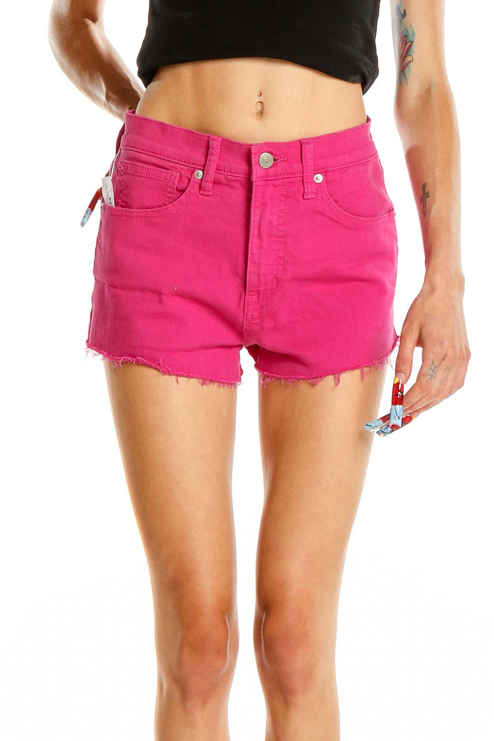 Front view of Lucky Brand hot pink denim cut-off shorts