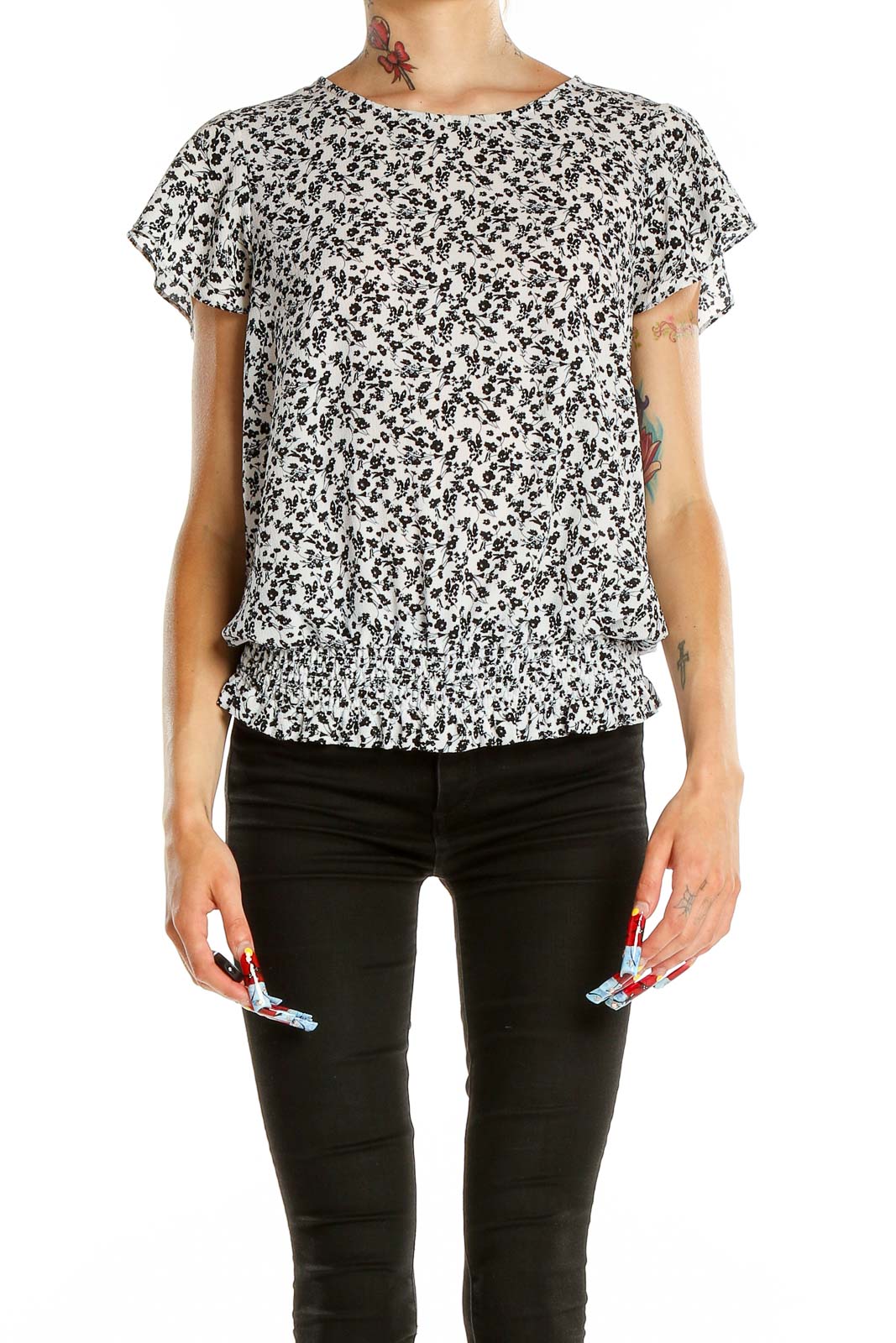 Front view of Adrianna Papell Black and White Floral Print Blouse with fluttery sleeves