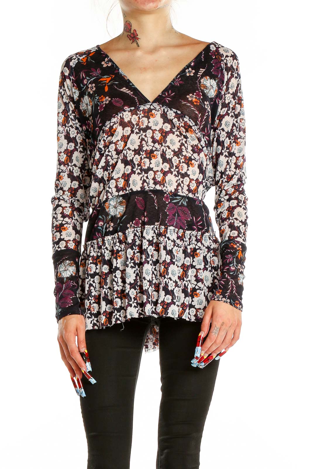 Front view of Free People multicolor floral V-neck tunic top