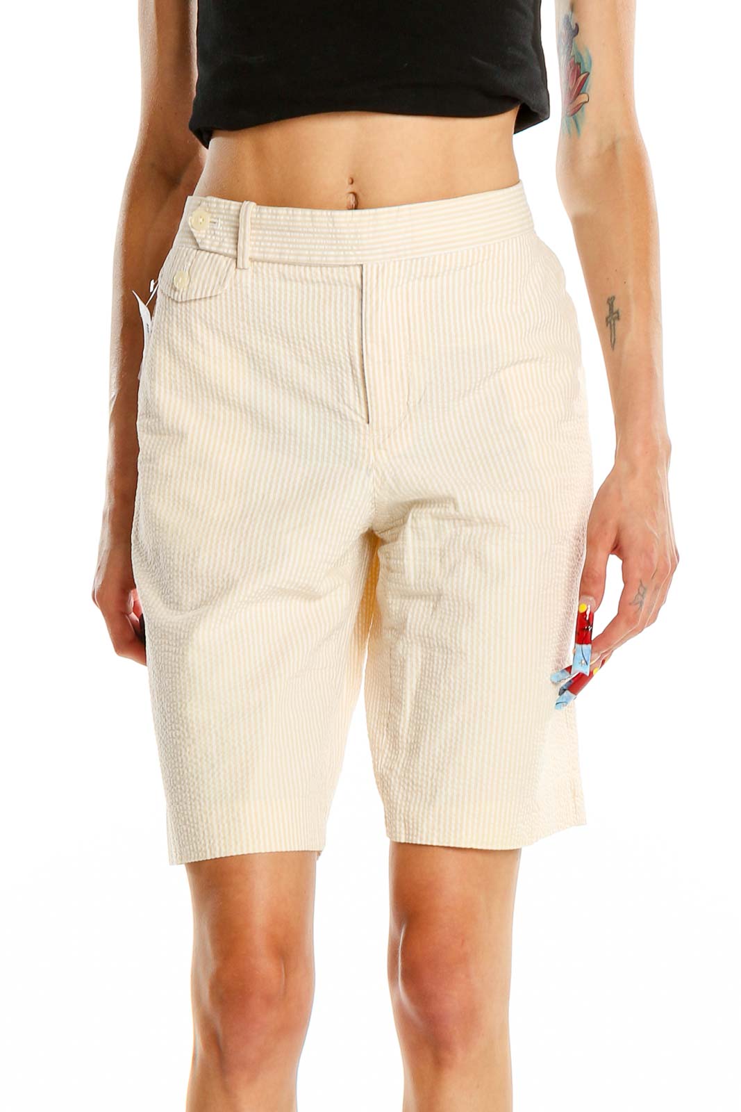 Front view of cream seersucker Bermuda shorts by Ralph Lauren Golf