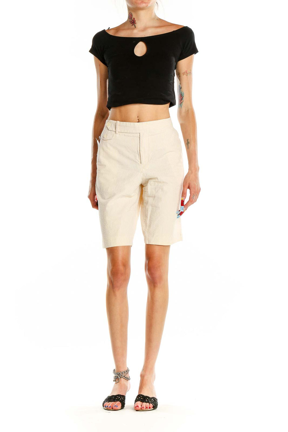 Front view of cream seersucker Bermuda shorts by Ralph Lauren Golf