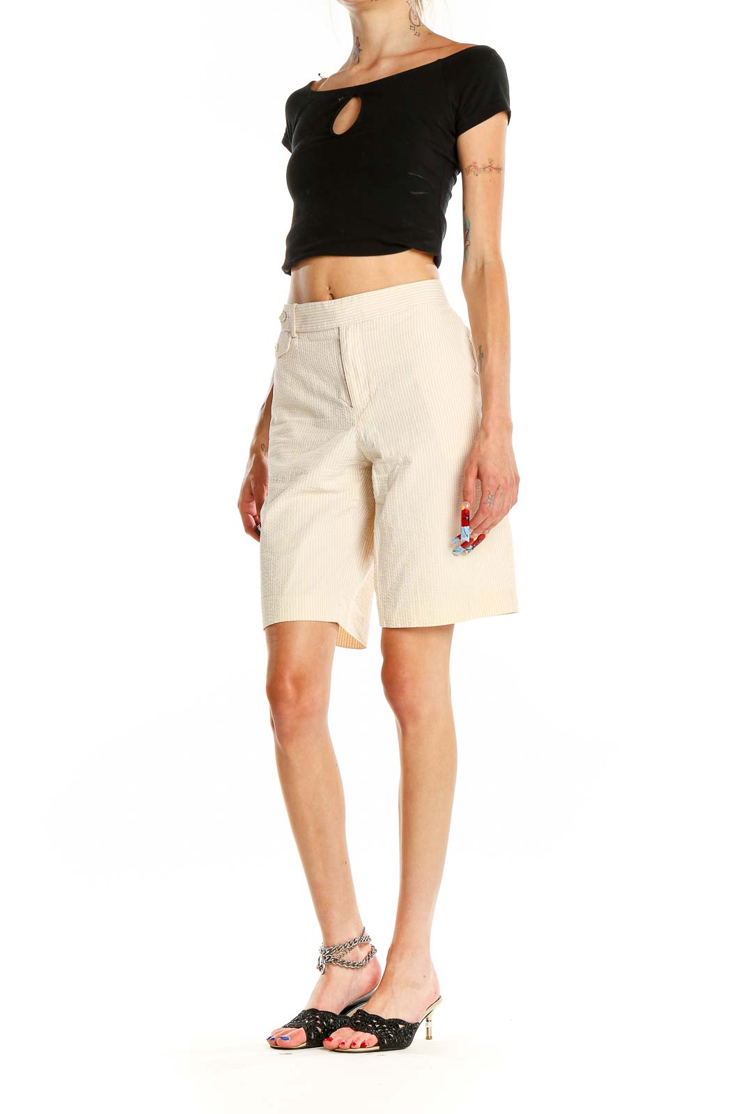 Front view of cream seersucker Bermuda shorts by Ralph Lauren Golf