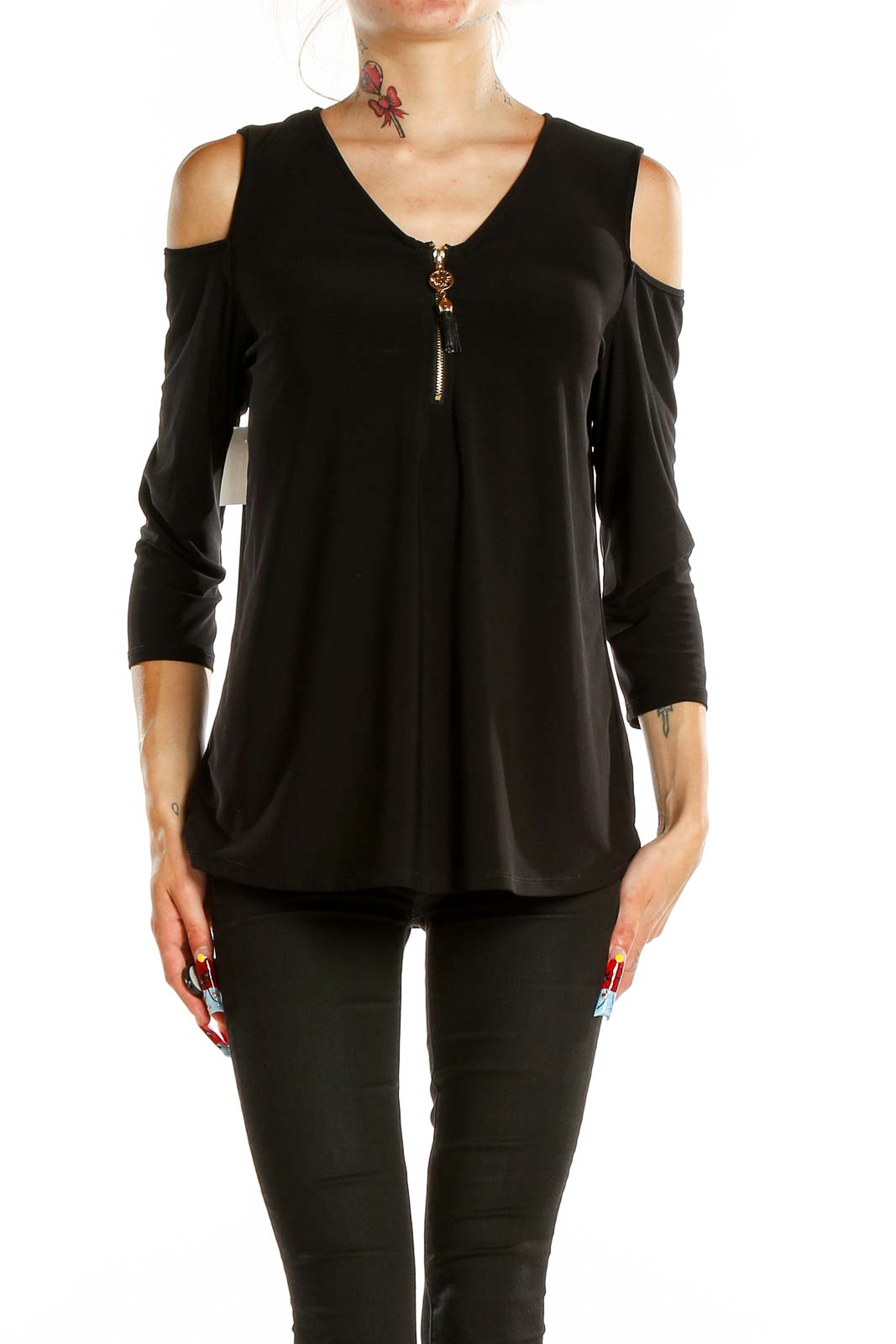 Front view of Anne Klein black cold shoulder top with gold zipper detail