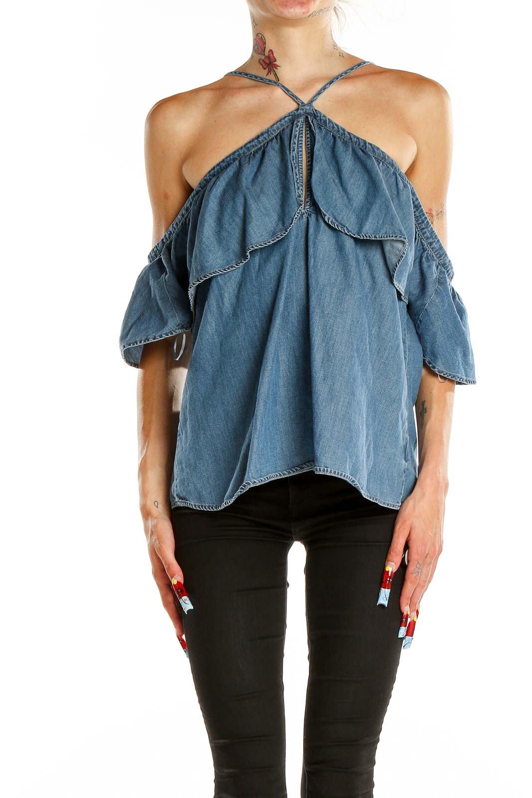 Front view of Express blue denim off-shoulder top with ruffle overlay