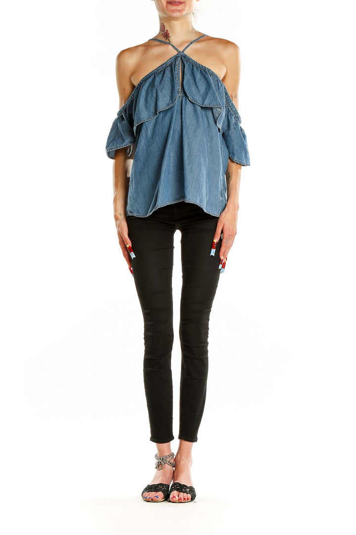 Front view of Express blue denim off-shoulder top with ruffle overlay