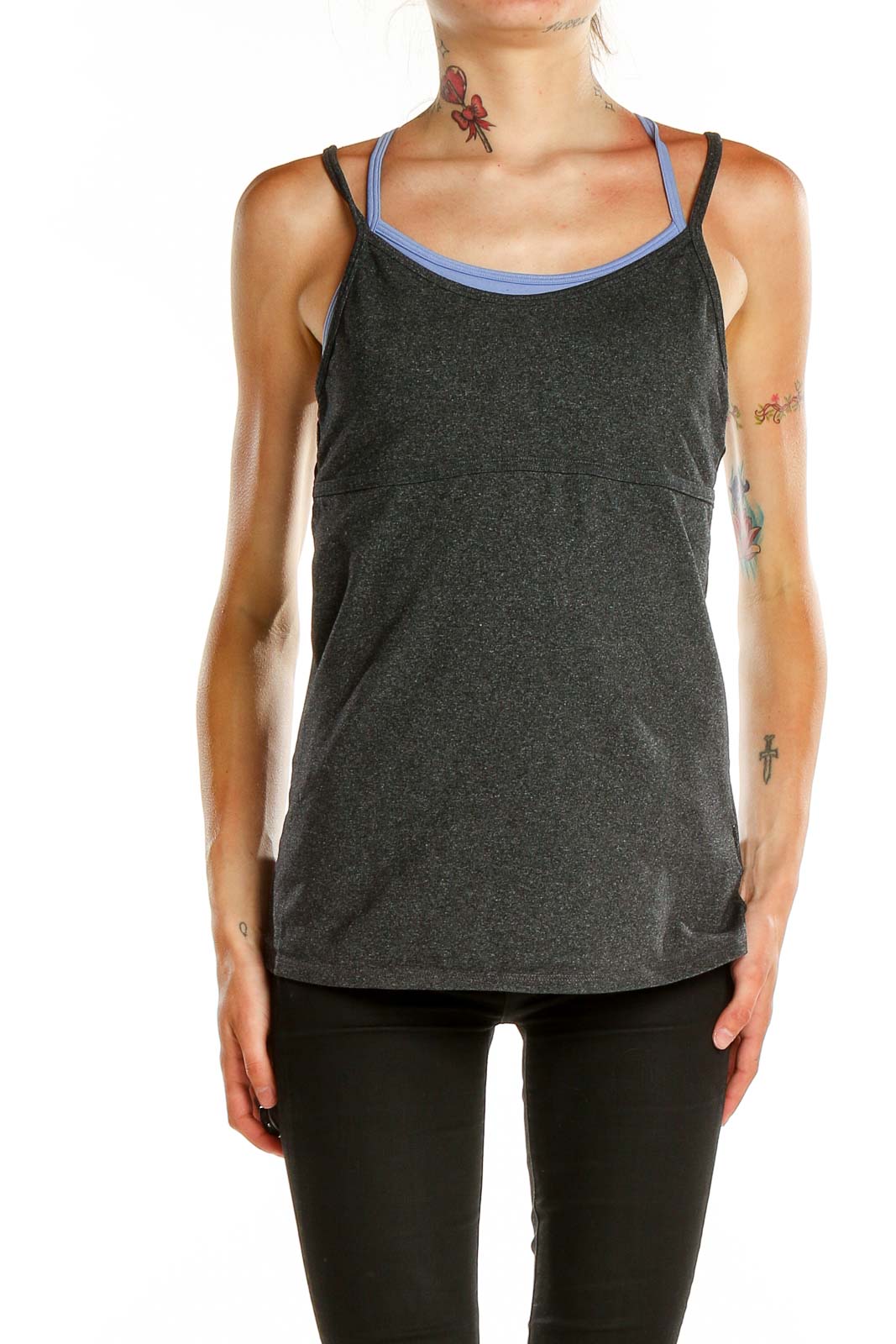 Front view of GapFit charcoal gray strappy tank top with blue trim