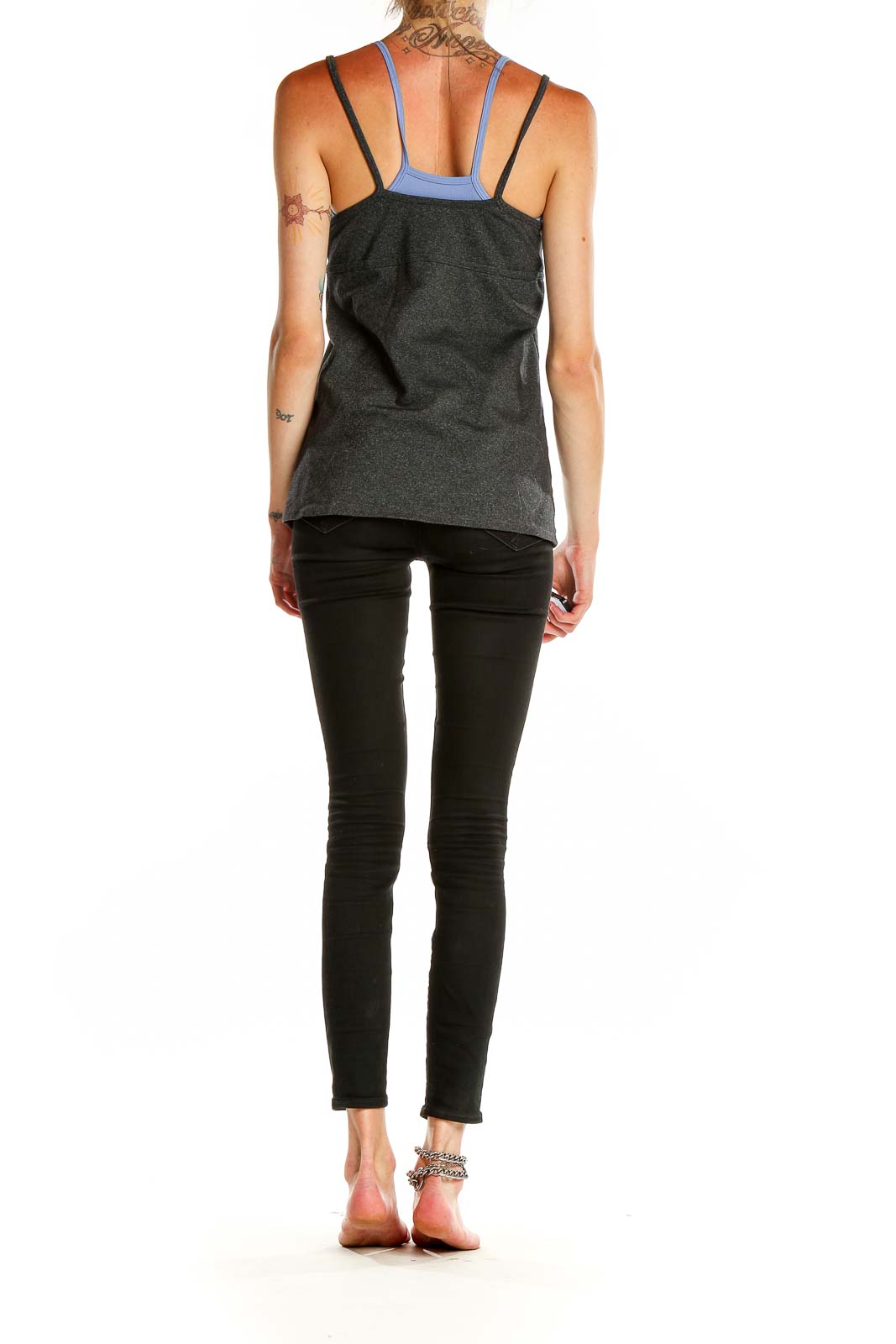 Back view of GapFit charcoal gray tank top showing strappy design