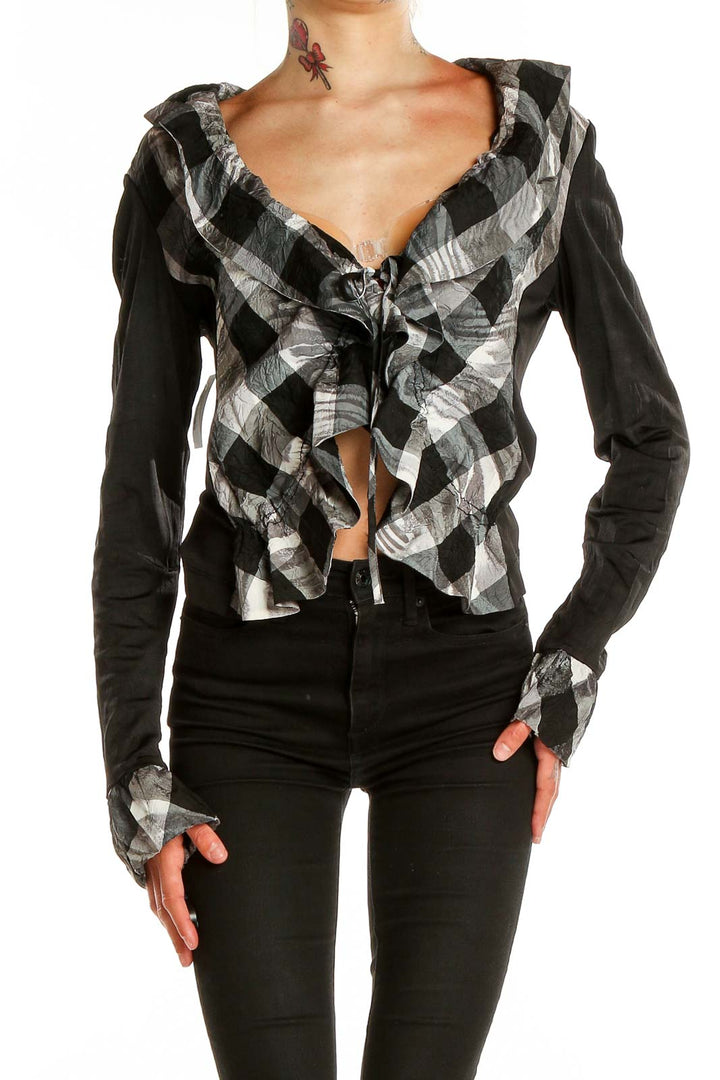 Front view of Alberto Makali Black and Gray Plaid Ruffled Crop Top