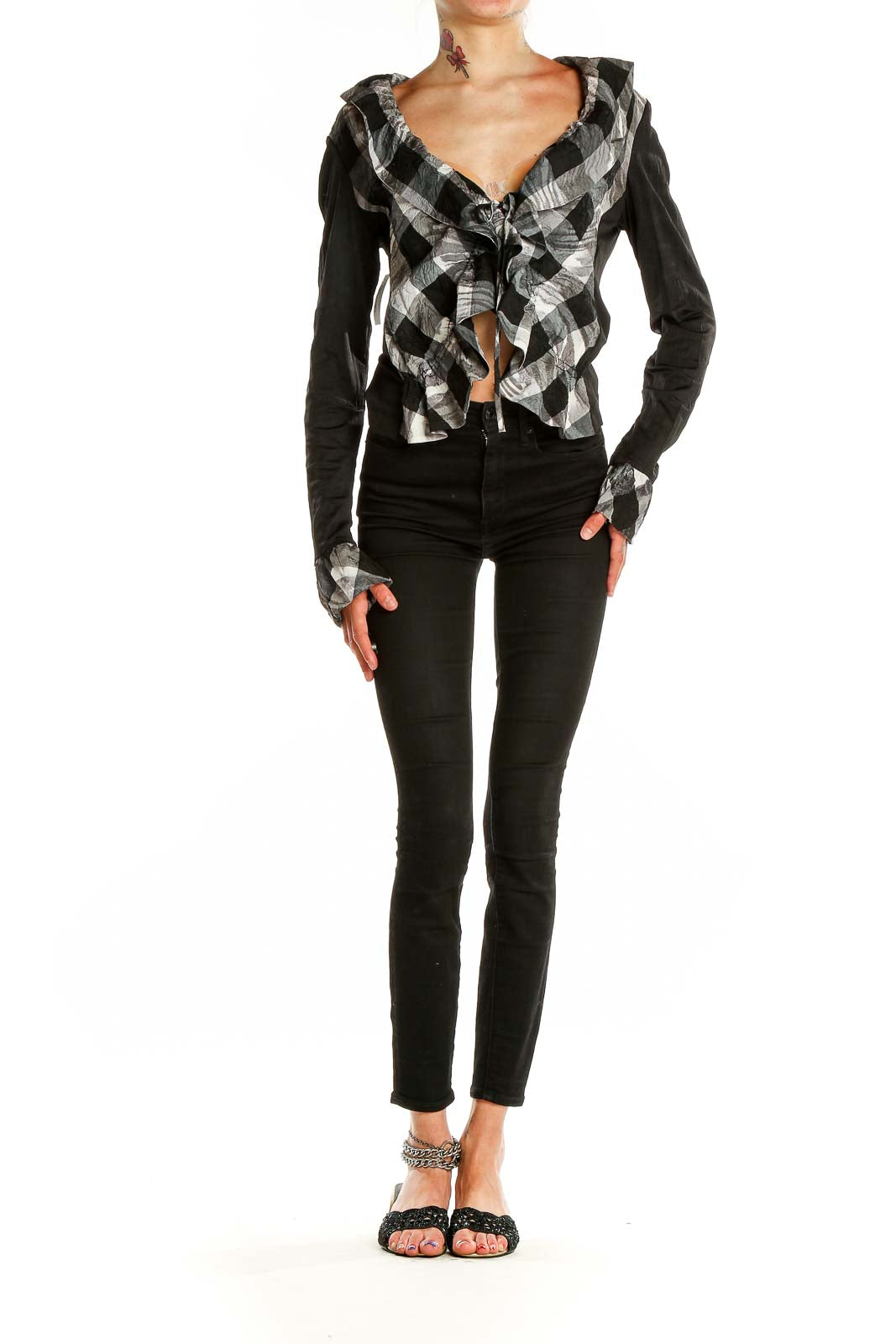 Front view of Alberto Makali Black and Gray Plaid Ruffled Crop Top