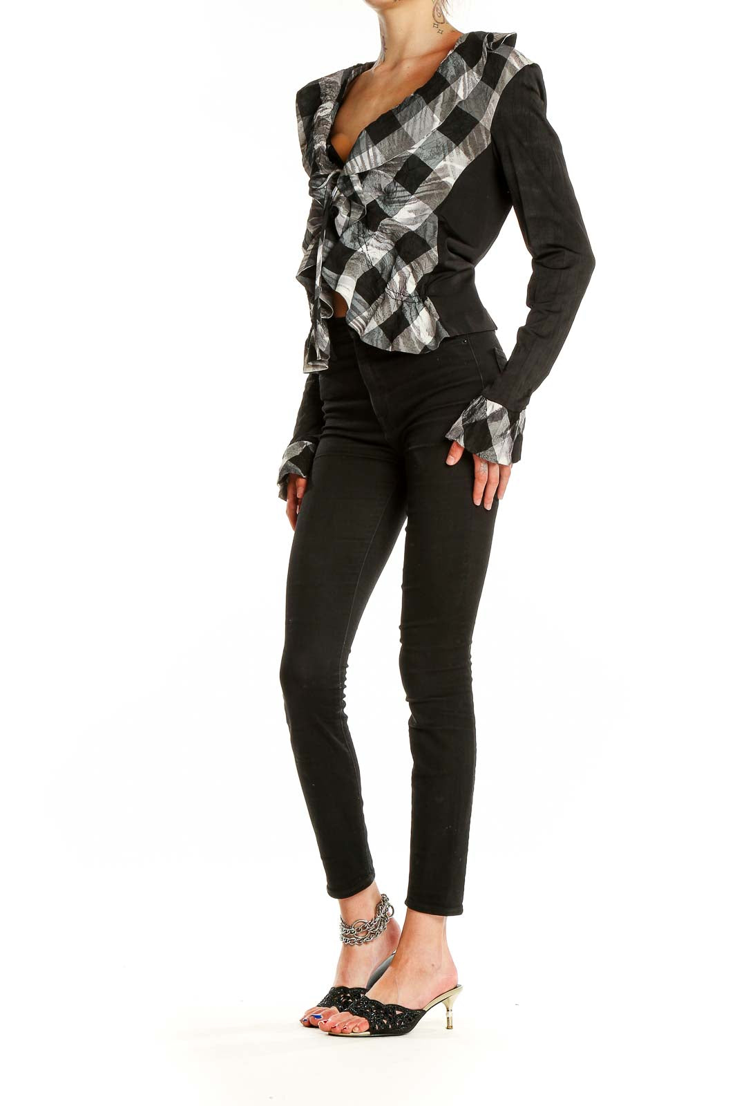 Front view of Alberto Makali Black and Gray Plaid Ruffled Crop Top