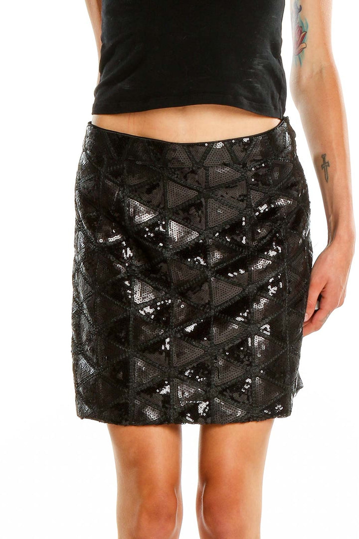 Front view of black sequin mini skirt with geometric pattern