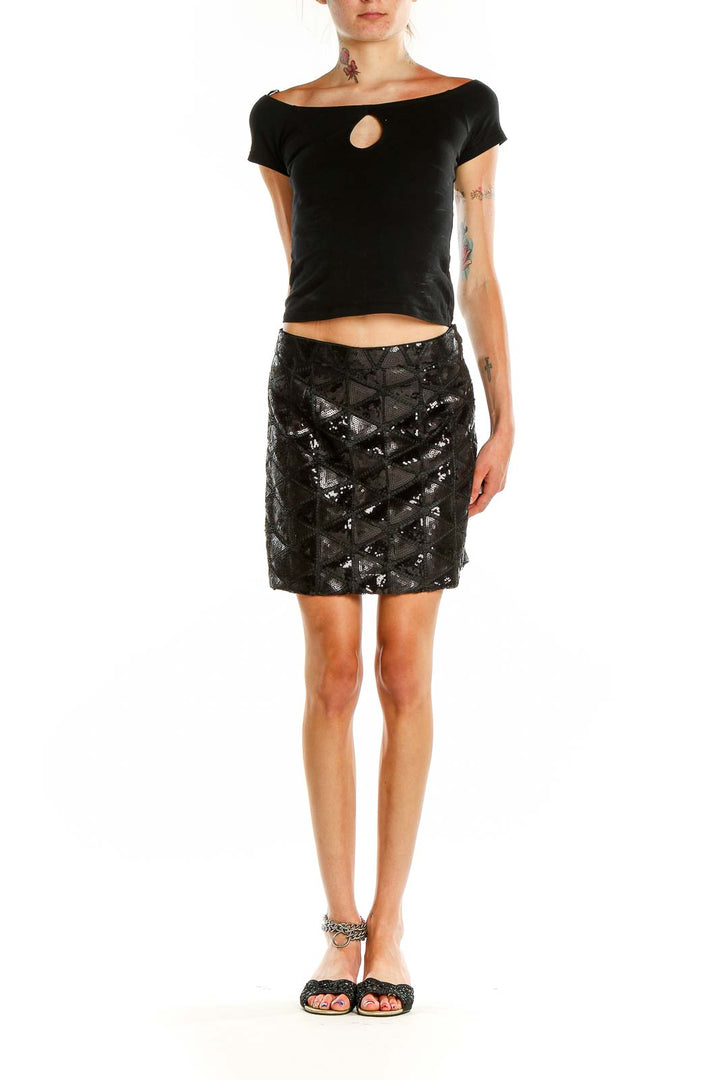 Front view of black sequin mini skirt with geometric pattern