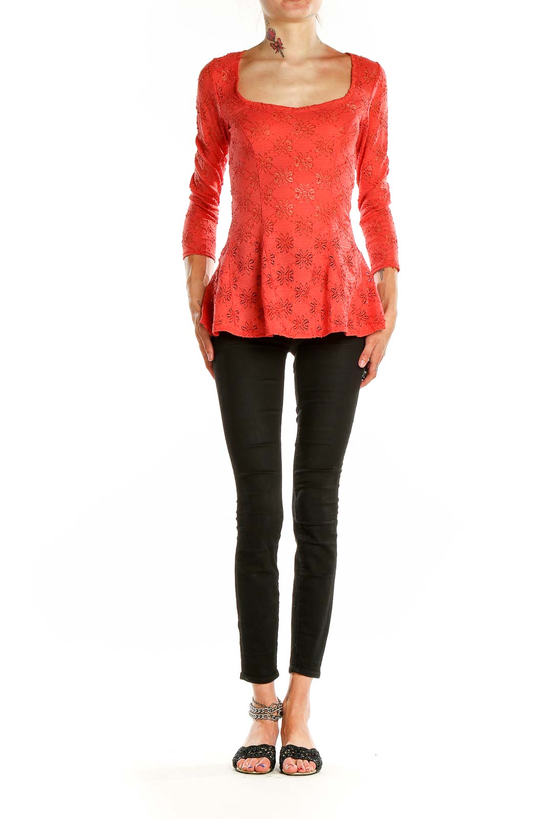 Front view of Free People red floral lace peplum top with square neckline