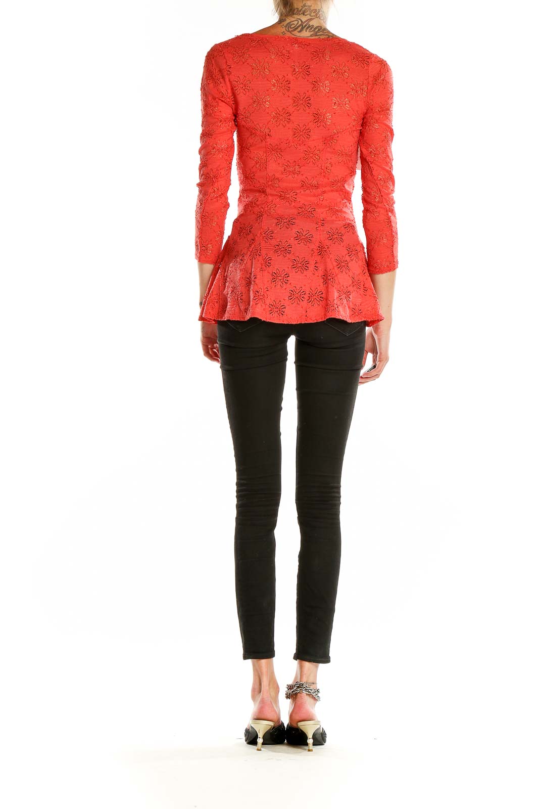 Back view of Free People red floral lace peplum top showing full length