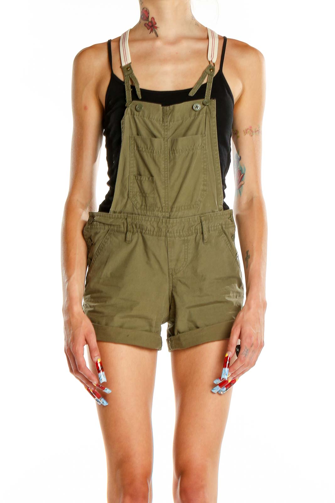 Front view of olive green short overalls by London Jean