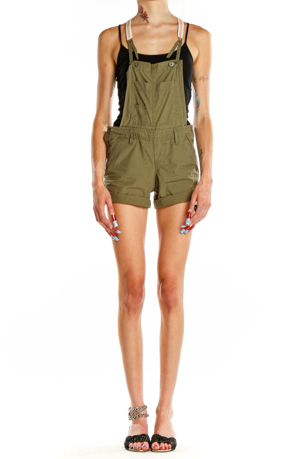 Front view of olive green short overalls by London Jean